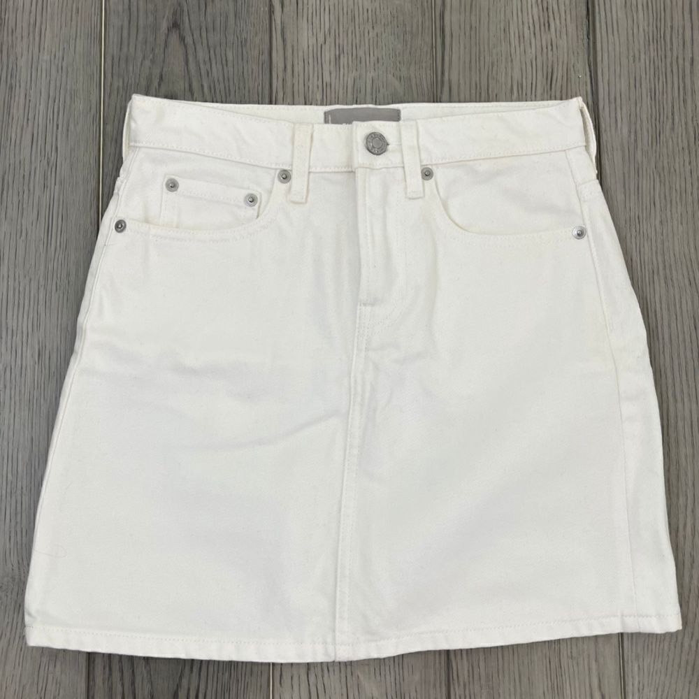 Everlane Woman Size 24 White Cotton Denim Mini A Line W Skirt Casual FLAWED - Picture 1 of 9